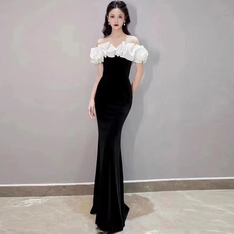 Black Evening Dress Style French One-Shoulder Accessible Luxury Elegant Slimming Look Celebrity Host Fishtail - Image 4